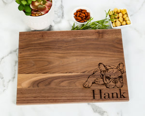 This personalized French bulldog Cutting Board makes a perfect gift for any dog lover! Crafted from beautiful walnut, mahogany or maple and engraved with a special French Bulldog design, this cutting board is the perfect gift for any household. this cutting board is both stylish and practical—perfect for holidays, birthdays, and housewarming gifts for both him and her.