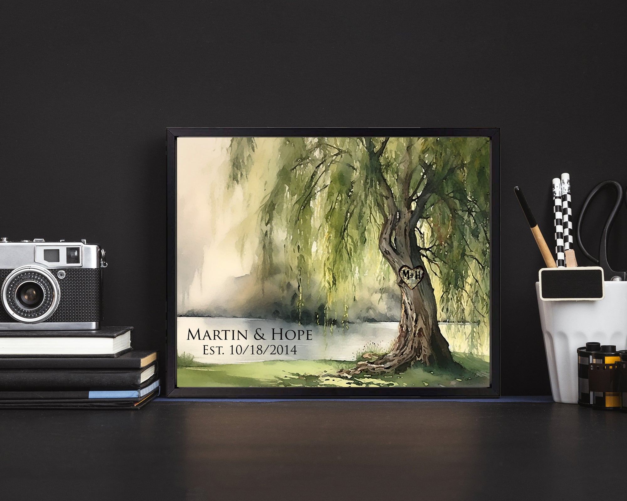 Celebrate your 9th wedding anniversary with this beautiful personalized picture frame featuring a willow tree print.