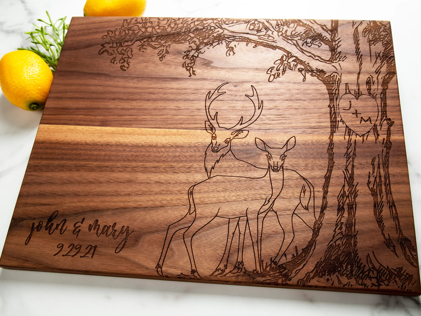 This Deer & Oak Tree Design with initials inside a heart is an elegant way to commemorate your special memories. Perfect for weddings, anniversaries, or any special occasion, this personalized couples gift is a stylish way to express your love.