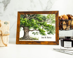 Celebrate your wedding anniversary with this beautiful personalized picture frame featuring a oak tree print.