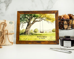 Celebrate your wedding anniversary with this beautiful personalized picture frame featuring a oak tree with swing print.