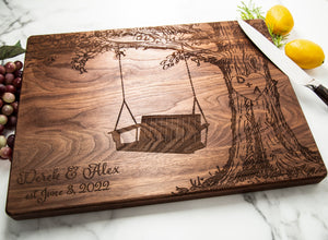 Personalized Cutting Board, Oak Tree With Bench Swing, Wedding Gift, Anniversary Gifts for Her, Gifts for Him, Housewarming Gift