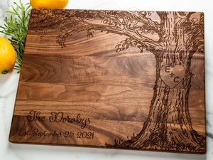 Personalized engraved cutting board oak tree design with initials inside a heart, couples gift for wedding, anniversary, Couples Gift.