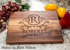 This practical and personalized Monogramed Cutting Board is the ideal gift for any special occasion. Featuring your last name and initial, this cutting board makes kitchen tasks easier and more efficient. Perfect for thank yous, weddings, housewarmings, and anniversaries, give the perfect gift with this stunning monogramed cutting board.