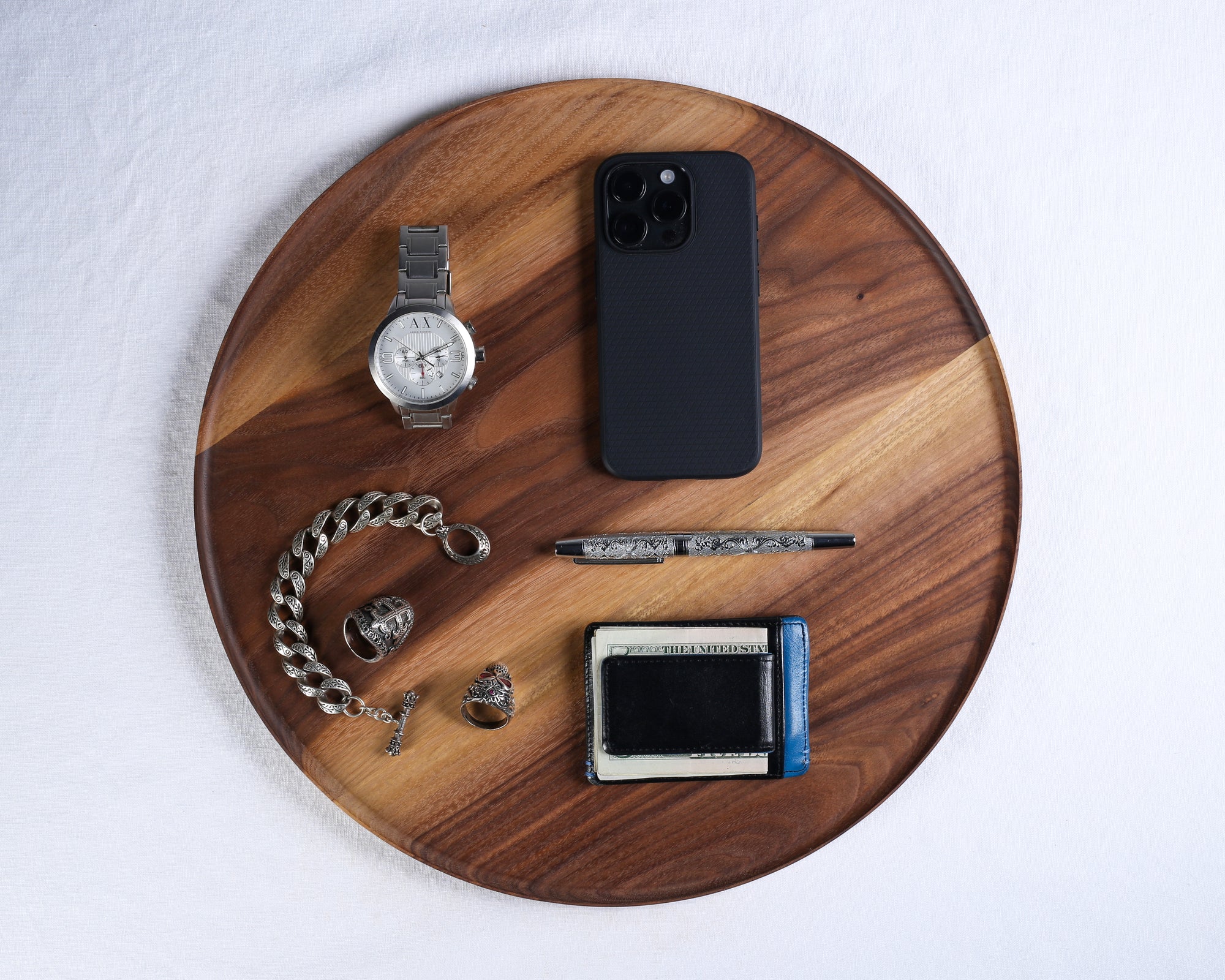 Round Walnut Minimalist Tray, Serving Tray, Catchall Tray, Peruvian Walnut Hardwood Trays, Stackable, Slim, Modern Valet Catch All