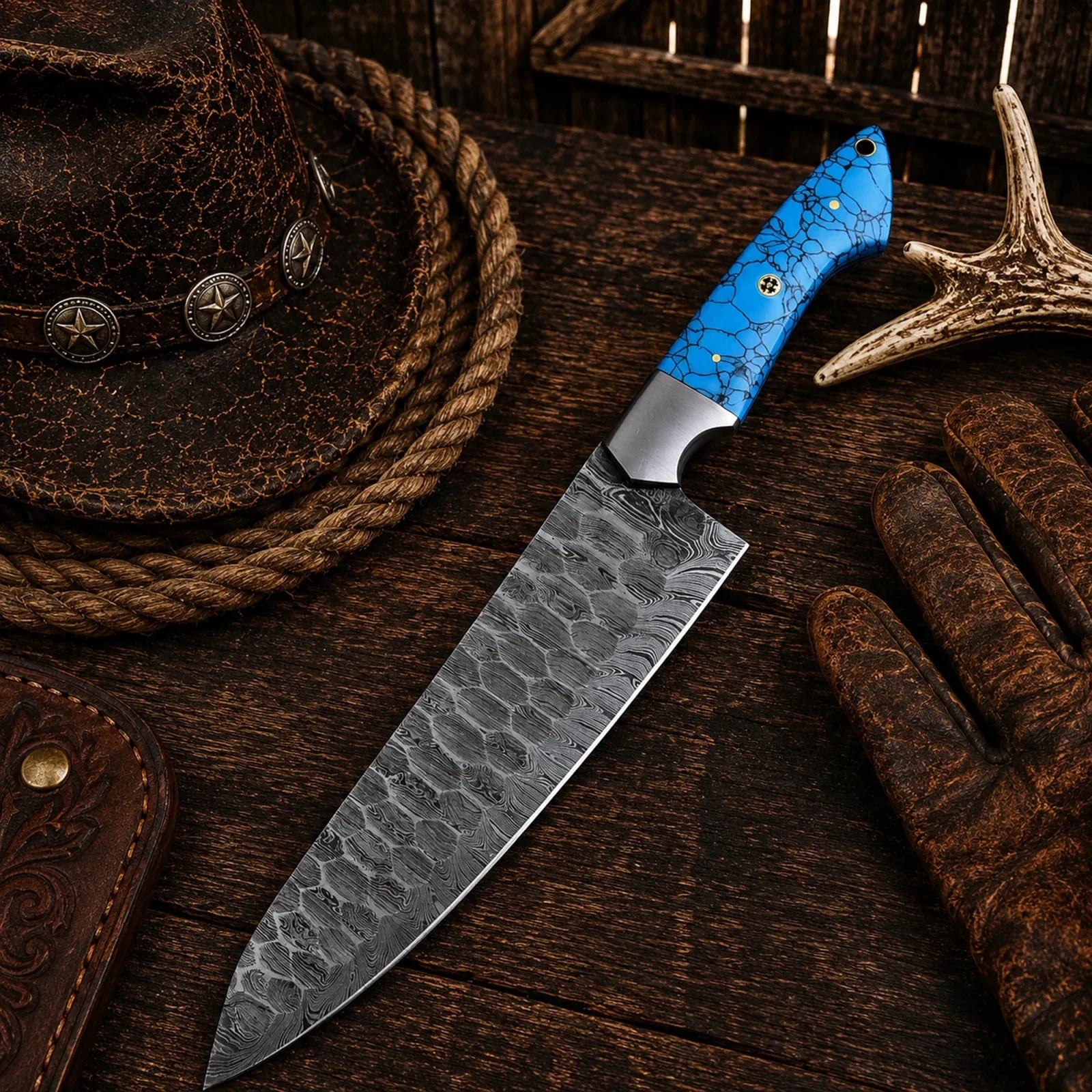 Custom Hand Forged Damascus Chef Knife – Turquoise Handle & Steel Bolster