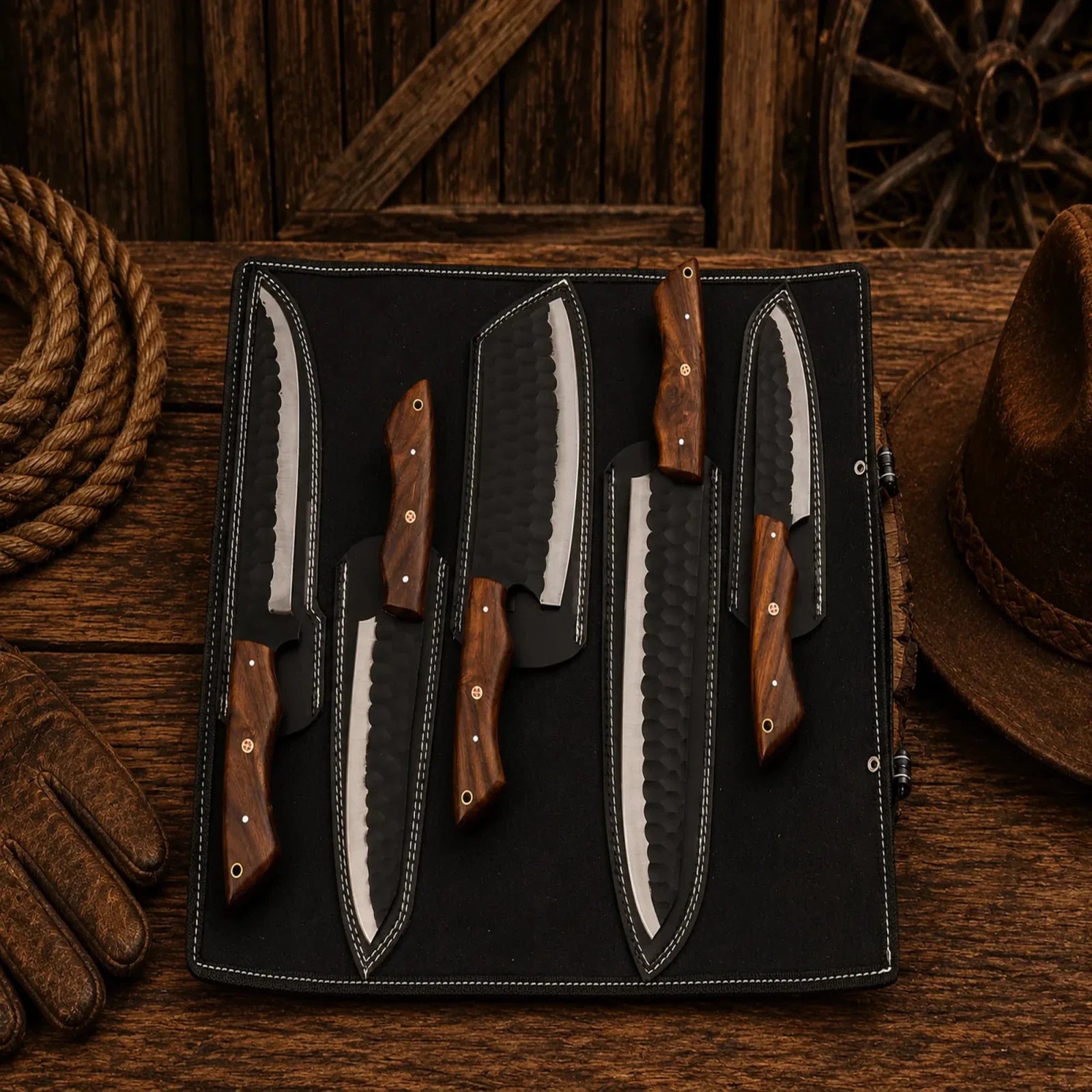 Handmade Chef Knife Set – Carbon Steel 5-Piece Wood Handle