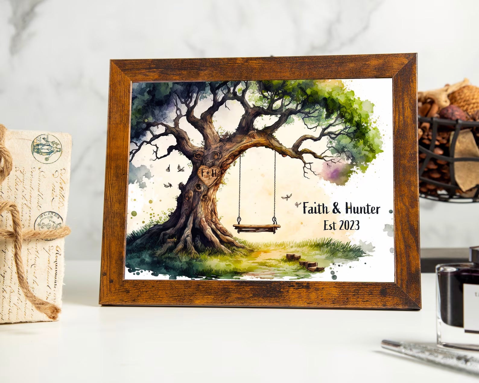 Celebrate your wedding anniversary with this beautiful personalized picture frame featuring a oak tree with swing print.
