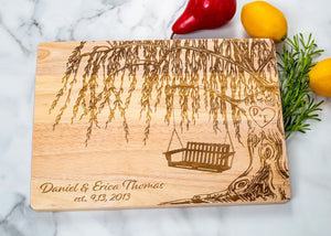 This 9th anniversary present is sure to be cherished for a lifetime. Our customized cutting board, decorated with Willow Tree artwork, is distinguished and aesthetically pleasing. Crafted of durable hardwoods, it is intended to stay pristine for years, perfect for any housewarming, wedding, or anniversary celebration. Offering a personalized touch, this cutting board will be a lasting reminder of your consideration.