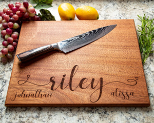 Make your special events more memorable with this Scripted Last Name with Heart glyphs Cutting Board. It is the perfect gift for weddings, anniversaries, housewarmings, and more. This cutting board is made with durable materials and is designed to last. Show your love and appreciation with this thoughtful gift.
